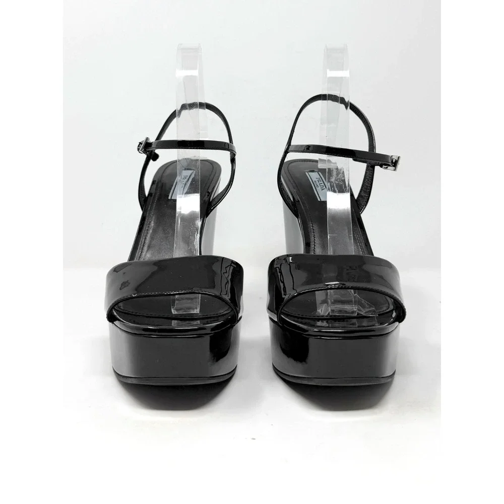 Prada Black Patent Leather Platform Wedge Sandals Size 41 Ankle Strap‎ Heels